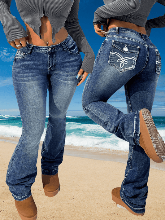 Plus Size Women'S Flared Pocket Embroidered Pants Jeans - Slim Elastic Trendy Sexy Fairy Gorgeous Elegant Avant-Garde Old Retro, Suitable for All Seasons Casual Wear - American Country Ladies Classic Denim Wear