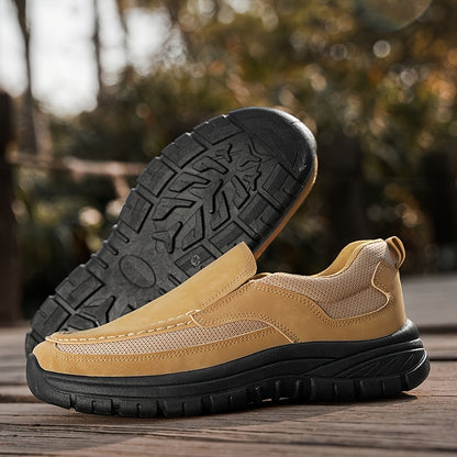 Men's Slip-On Loafers - Comfortable Casual Business Shoes, Yellow & Beige Two-Tone Design, Breathable Mesh Lining, Durable PVC Sole, Round Toe, All-Season Wear for Everyday and Leisure, Chunky Shoes