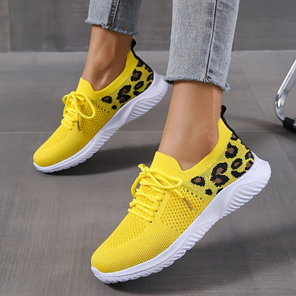 Women's Casual Sneakers, Flying Woven Leopard Pattern Breathable Lace-up Running Shoes, Women's Footwear plus size