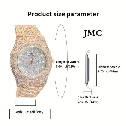Luxury Hip-Hop Style Watch West Coast Quartz Watch For Men Fully Diamond-Studded Rhinestone Accessory Watch High-End Design Perfect Christmas Gift Wedding Present And Top Gift Choice, Without Battery