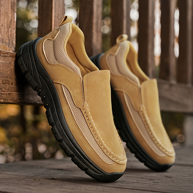 Men's Slip-On Loafers - Comfortable Casual Business Shoes, Yellow & Beige Two-Tone Design, Breathable Mesh Lining, Durable PVC Sole, Round Toe, All-Season Wear for Everyday and Leisure, Chunky Shoes