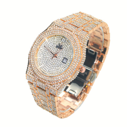 Luxury Hip-Hop Style Watch West Coast Quartz Watch For Men Fully Diamond-Studded Rhinestone Accessory Watch High-End Design Perfect Christmas Gift Wedding Present And Top Gift Choice, Without Battery