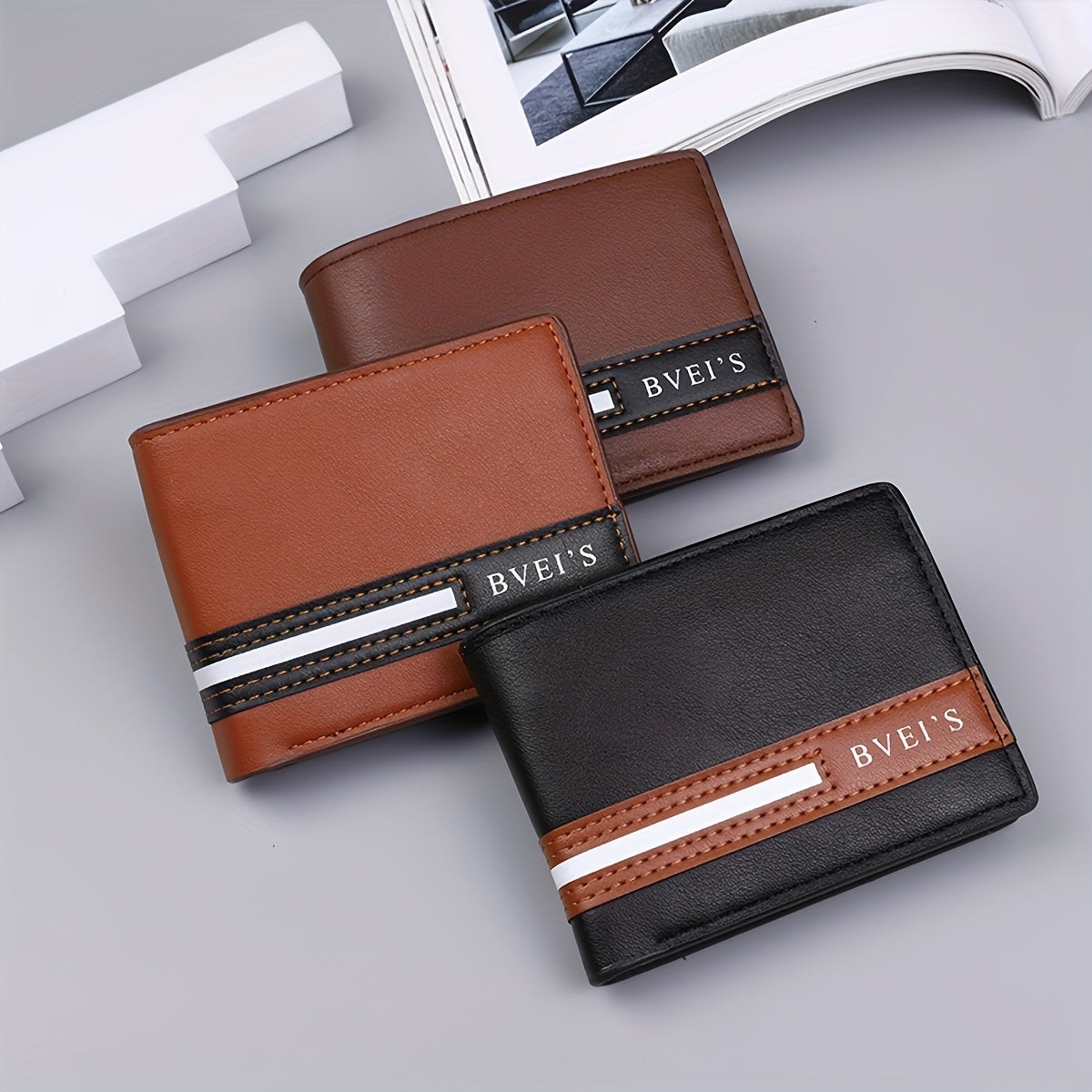 Men'S PU Wallet - Casual Style, Letter Pattern, Colorful Details, Multi-card Clip, Double Fold Short Wallet, Ideal For Gift Giving.