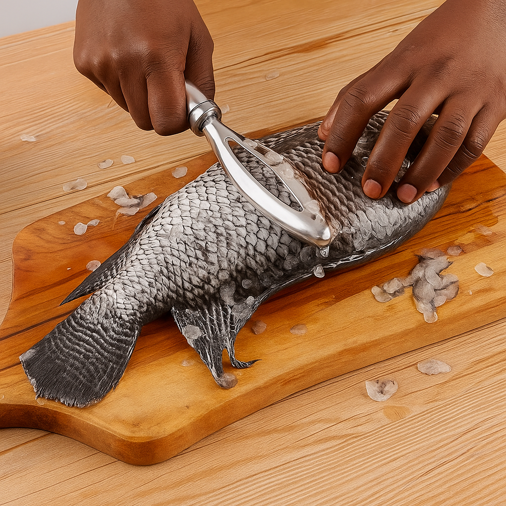 Écailleur de poisson robuste en acier inoxydable – design 3-en-1 multifonction avec lame tranchante, manche ergonomique et prise antidérapante