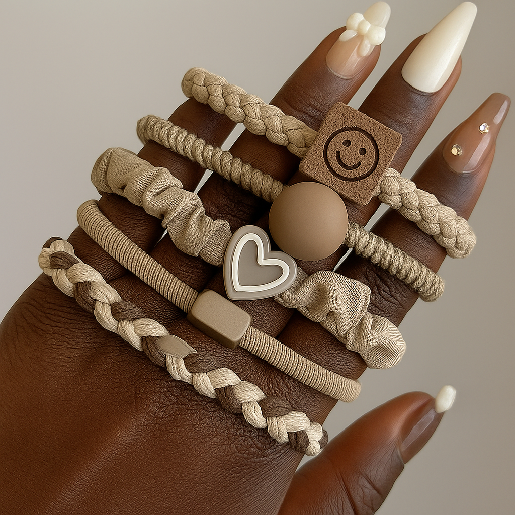 Lot de 5 élastiques à cheveux haut de gamme pour femme – simples et élégants, haute élasticité et durabilité, présentés dans un étui en cuir