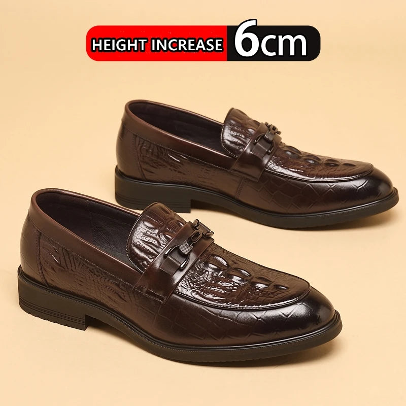 Top Quality Crocodile Print Genuine Leather Men Elevator Shoes Flat/6CM Height Increasing Loafers Man Casual Busincess Moccasins