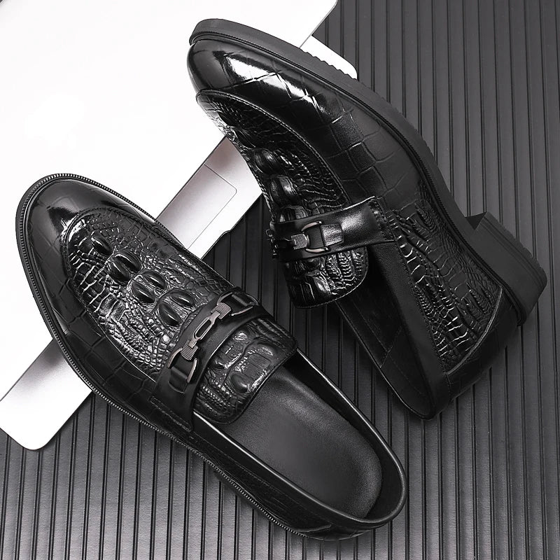 Top Quality Crocodile Print Genuine Leather Men Elevator Shoes Flat/6CM Height Increasing Loafers Man Casual Busincess Moccasins