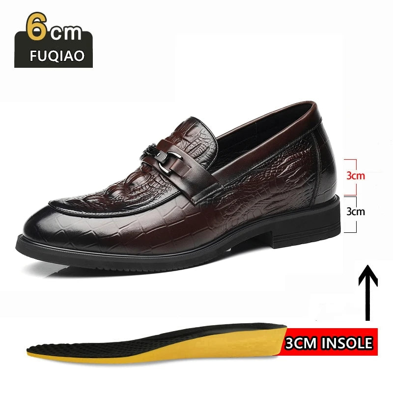 Top Quality Crocodile Print Genuine Leather Men Elevator Shoes Flat/6CM Height Increasing Loafers Man Casual Busincess Moccasins