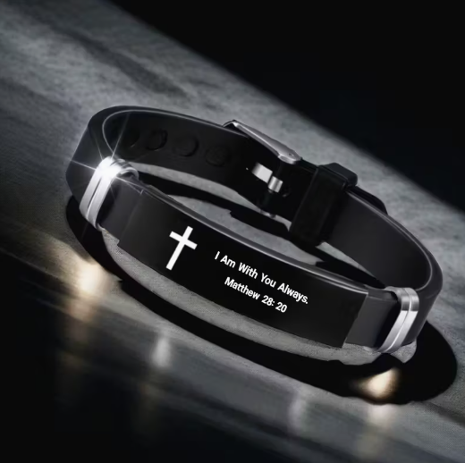 Bracelet ajustable en acier inoxydable et silicone avec citation biblique “Je suis toujours avec toi” – bijou manchette mixte avec message inspirant, parfait pour le quotidien et comme cadeau.