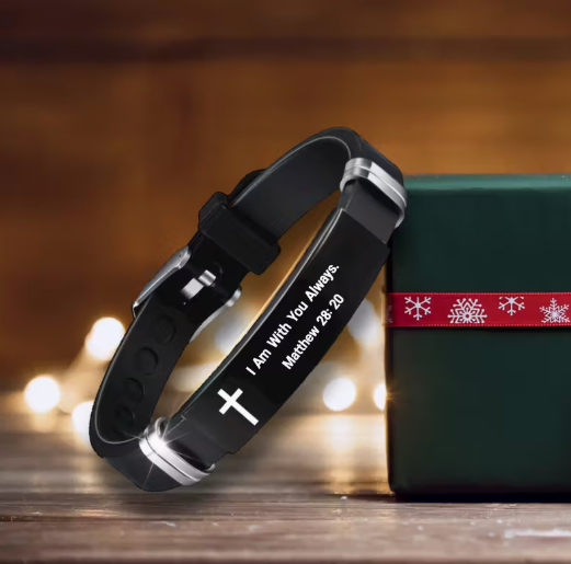 Bracelet ajustable en acier inoxydable et silicone avec citation biblique “Je suis toujours avec toi” – bijou manchette mixte avec message inspirant, parfait pour le quotidien et comme cadeau.