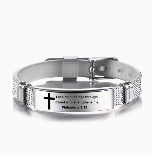 Bracelet en acier inoxydable gravé “Je peux tout faire par le Christ qui me fortifie”