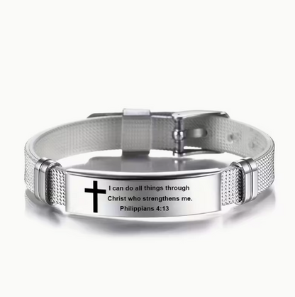 Bracelet en acier inoxydable gravé “Je peux tout faire par le Christ qui me fortifie”