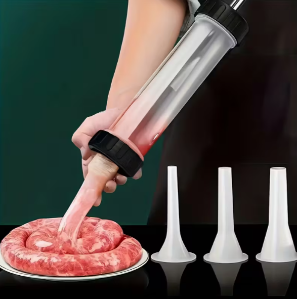 Poussoir à saucisses robuste en plastique – livré avec 3 embouts, idéal pour les saucisses maison, les fêtes et la cuisine – design facile à nettoyer