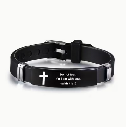 Bracelet pour homme en acier inoxydable avec verset biblique – “Ne crains rien, car je suis avec toi”