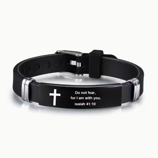 Bracelet pour homme en acier inoxydable avec verset biblique – “Ne crains rien, car je suis avec toi”