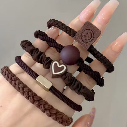 Lot de 5 élastiques à cheveux haut de gamme pour femme – simples et élégants, haute élasticité et durabilité, présentés dans un étui en cuir