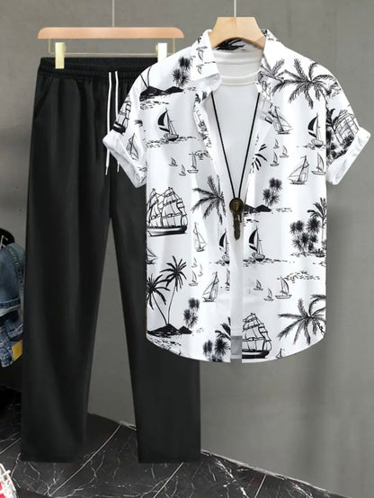 Chemise à manches courtes pour homme et pantalon à cordon de serrage