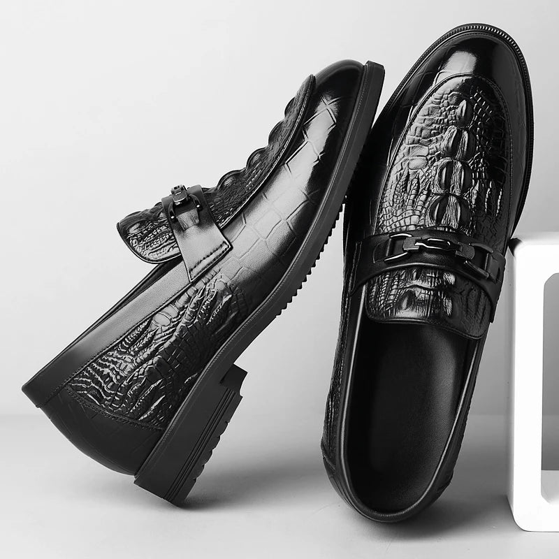 Top Quality Crocodile Print Genuine Leather Men Elevator Shoes Flat/6CM Height Increasing Loafers Man Casual Busincess Moccasins