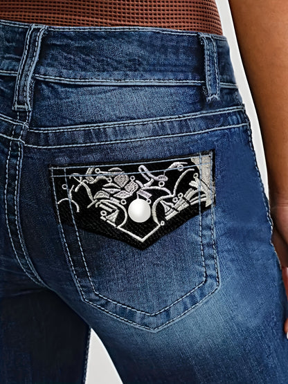 Women'S High Waist Bootcut Jeans, Geometric Embroidery Pocket Detail, Slim Fit Denim Pants, Street Style, Rayon Blend (59.80% Rayon, 38.40% Polyester, 1.80% Elastane), Medium Stretch, Zipper Fly, All Seasons