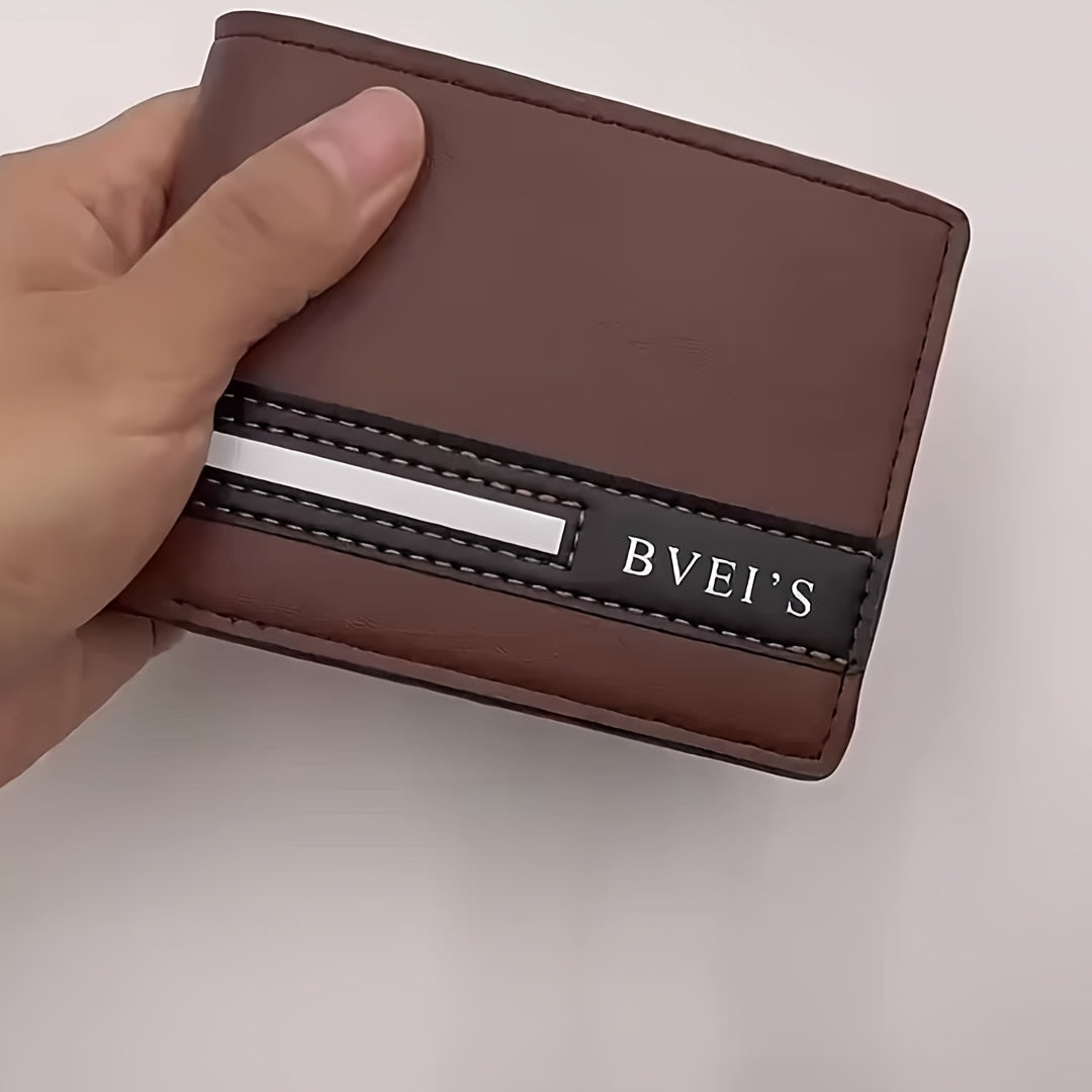 Men'S PU Wallet - Casual Style, Letter Pattern, Colorful Details, Multi-card Clip, Double Fold Short Wallet, Ideal For Gift Giving.