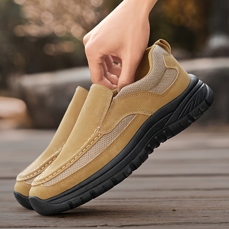 Men's Slip-On Loafers - Comfortable Casual Business Shoes, Yellow & Beige Two-Tone Design, Breathable Mesh Lining, Durable PVC Sole, Round Toe, All-Season Wear for Everyday and Leisure, Chunky Shoes