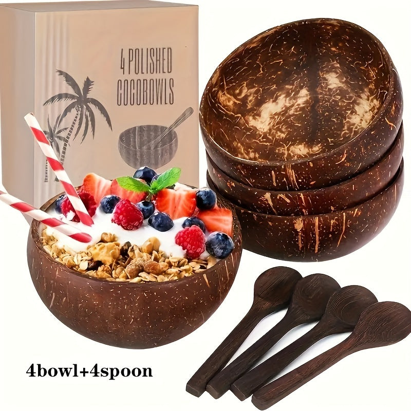 2pcs, Large Oval-Shaped Wooden Botanical Patterned Coconut Bowls Set - Handmade, Unique Dinnerware for Home and Restaurant, Perfect for Serving Salads, Noodles, Yogurt, and Cereal - Includes 2 Wooden Spoons