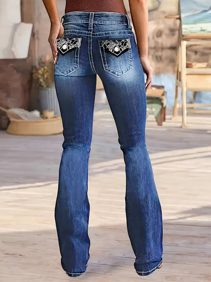 Women'S High Waist Bootcut Jeans, Geometric Embroidery Pocket Detail, Slim Fit Denim Pants, Street Style, Rayon Blend (59.80% Rayon, 38.40% Polyester, 1.80% Elastane), Medium Stretch, Zipper Fly, All Seasons