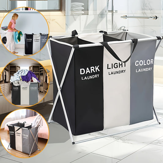 3-Section Foldable Laundry Sorter Basket, Metal & PVC, Dark/Light/Color Separate, Waterproof Oxford Bags, Aluminum Frame, Floor Mount, Casual Style, for Home & Dormitory Washing Clothes Storage