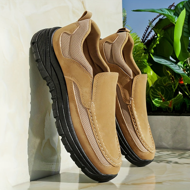 Men's Slip-On Loafers - Comfortable Casual Business Shoes, Yellow & Beige Two-Tone Design, Breathable Mesh Lining, Durable PVC Sole, Round Toe, All-Season Wear for Everyday and Leisure, Chunky Shoes