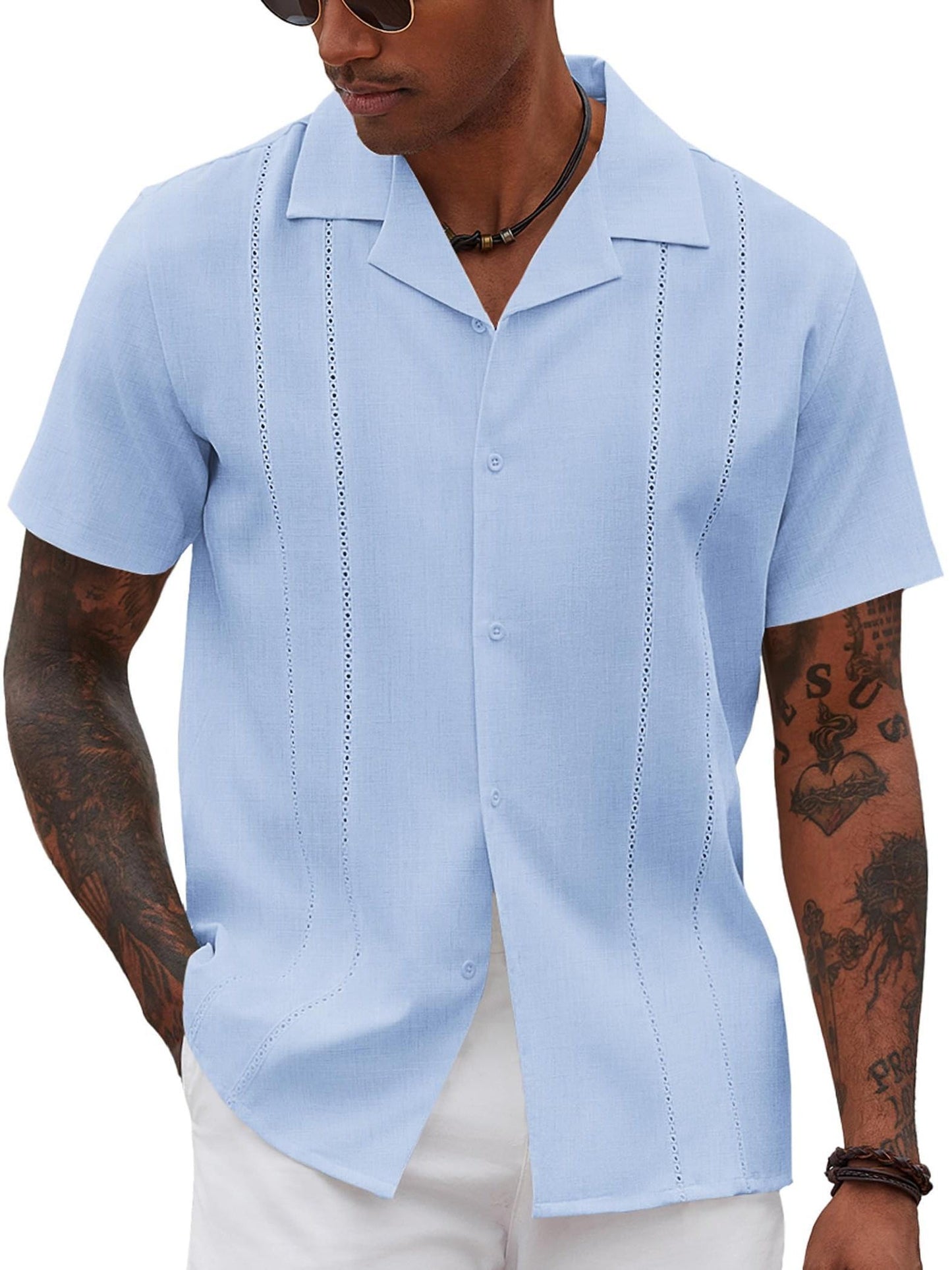 ELESOL Guayabera Shirts for Men Cuban Short Sleeve Button Summer Shirts