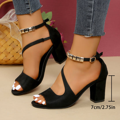 Women'S Fashion High Heel Sandals - Solid Color Open Toe Block Heel Shoes with Buckle Closure, All-Season Fabric Upper, Man-Made Insole & Rubber Sole
