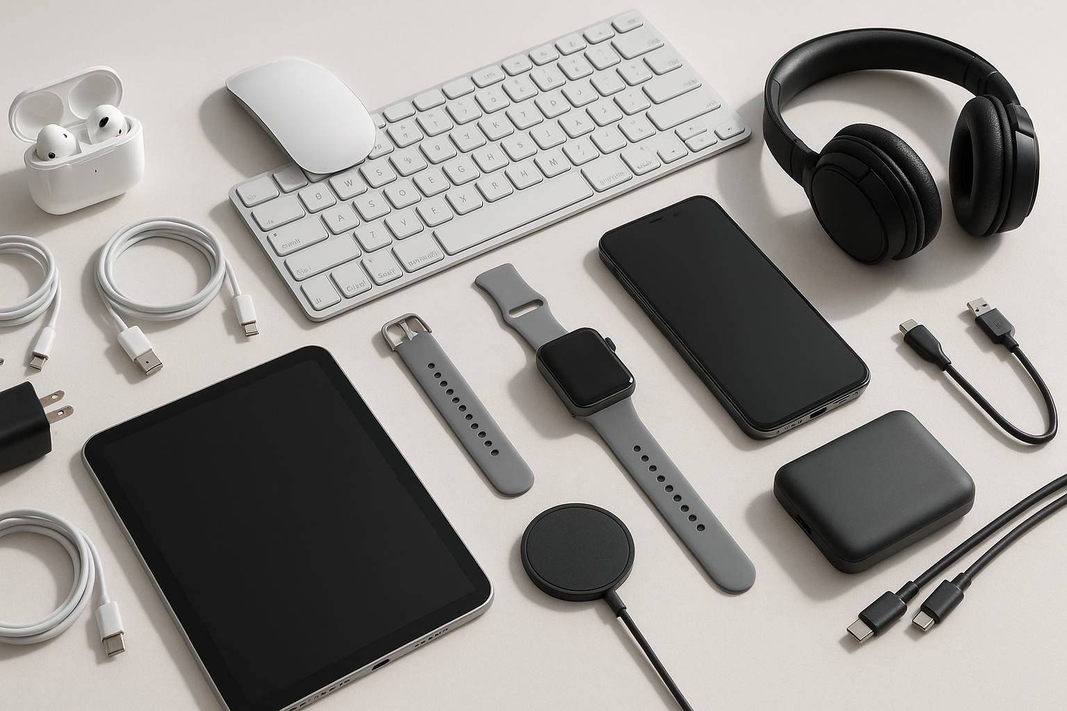 genaerate a wide image with some electronics like earphones mouse cables and more