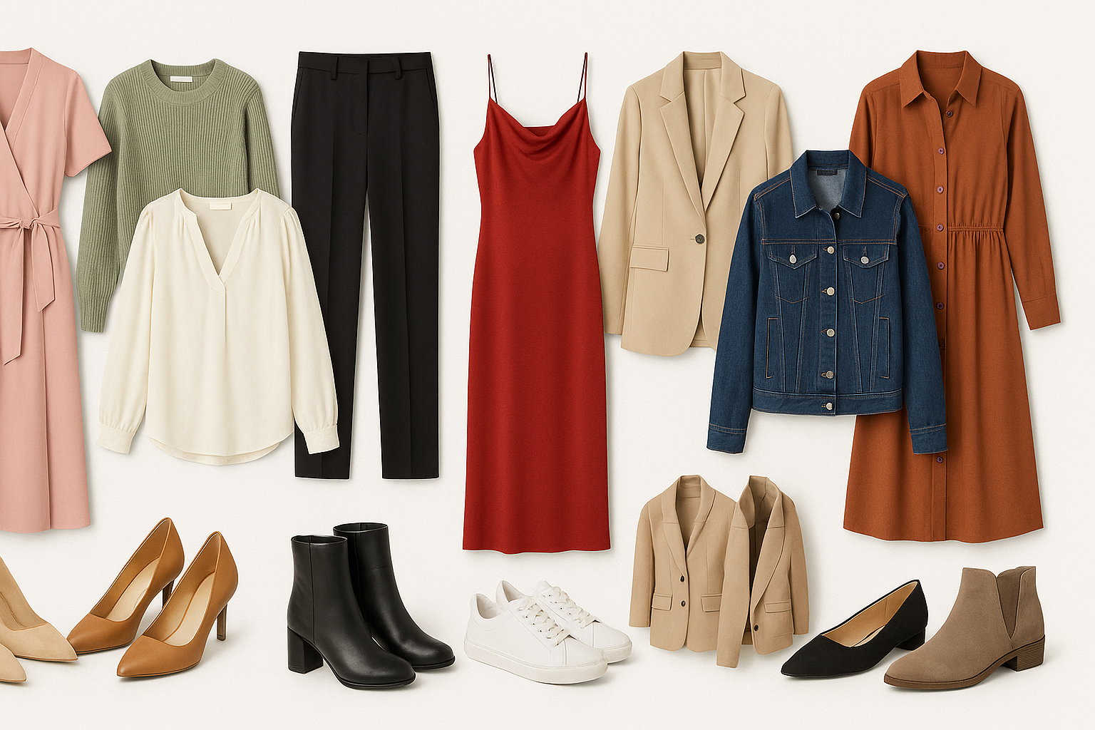 generate an a wide format image with whitish background containing women cloths and shoes