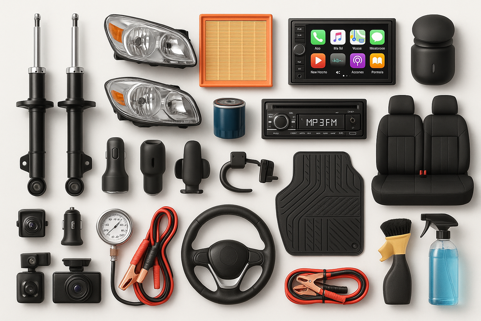 generate an image with a light background having different car parts like shocks light head  filters and some accessories like mp3 player fm tranmiter , car play screen and aroma diffuser ad more get creative