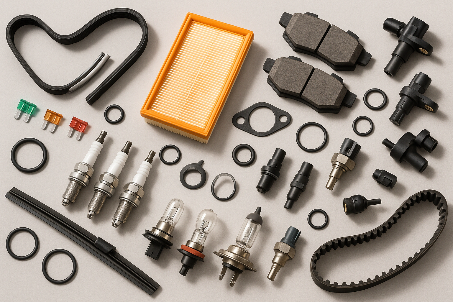 generate an image with car parts using a lighter background . be creating , use small car part that usually break on a car