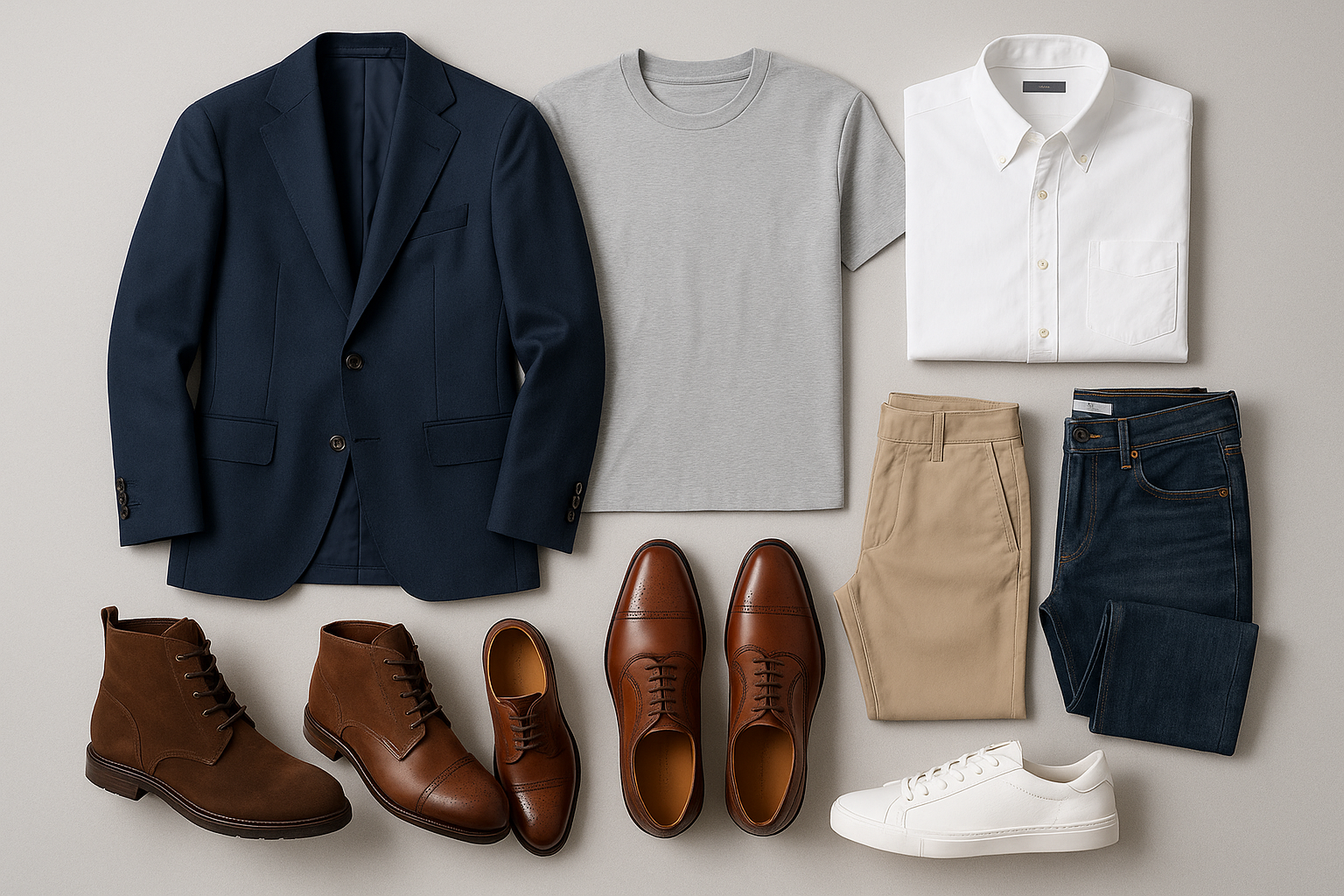 generate an image with cloths and shoes for men